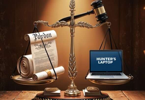 "Scales of justice balancing a presidential pardon scroll and a laptop labeled 'Hunter's Laptop,' symbolizing the Biden family's legal and political scrutiny."