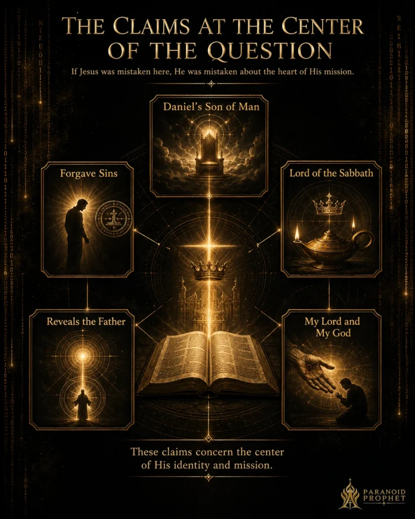 Infographic showing five central claims of Jesus: forgiving sins, being Lord of the Sabbath, Daniel’s Son of Man, revealing the Father, and Thomas confessing Him as My Lord and My God.