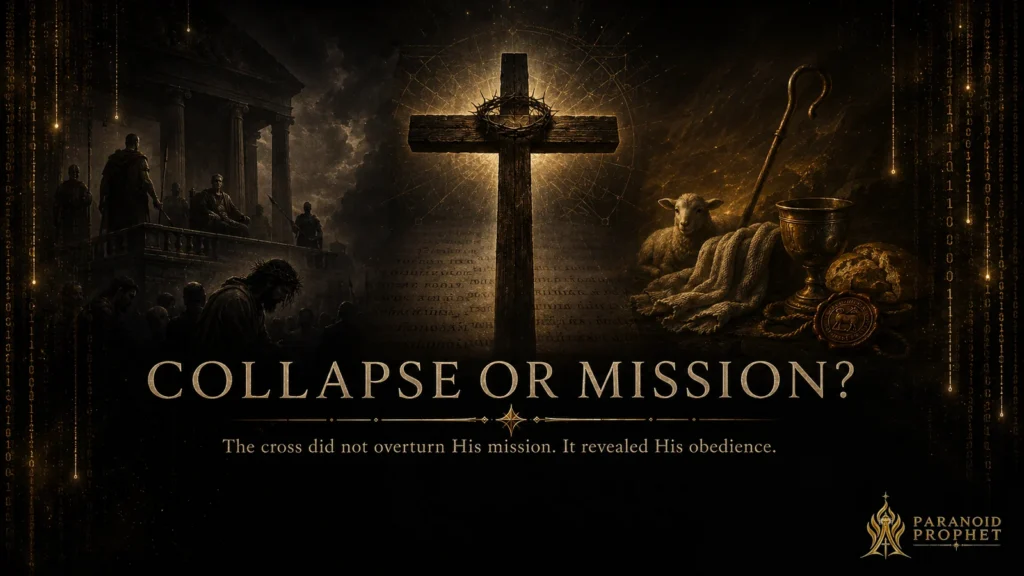 Dark Christian editorial banner showing the cross between Roman judgment and mission symbols such as a lamb, shepherd staff, cup, bread, and ransom seal, asking whether the cross was collapse or mission.