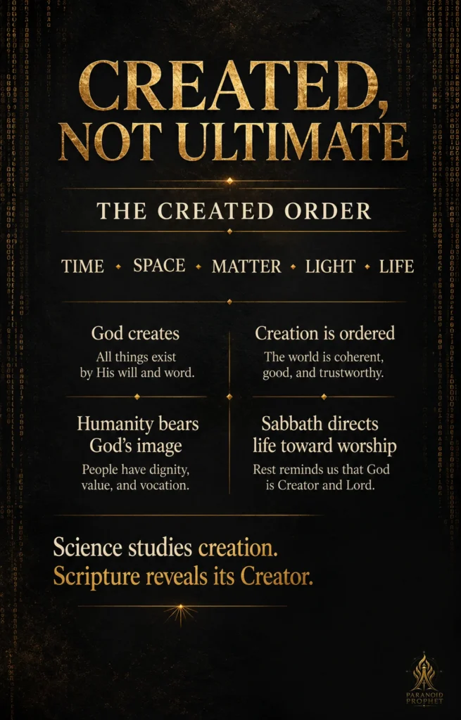Christian infographic explaining that time, space, matter, light, and life belong to God’s created order, while science studies creation and Scripture reveals its Creator.