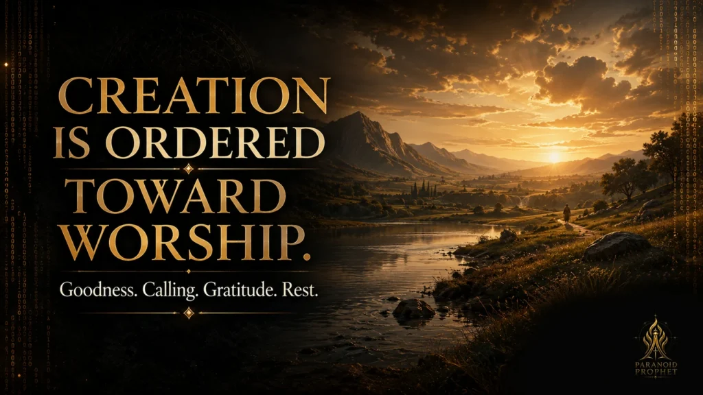 Peaceful river valley, distant mountains, and a small human steward walking beneath warm evening light, illustrating creation ordered toward worship, gratitude, calling, and Sabbath rest.