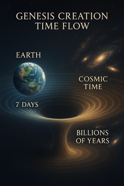 Digital illustration explaining Genesis creation time perception through gravitational time dilation, showing Earth with normal time and distant galaxies experiencing billions of years, based on creationist cosmology models.
