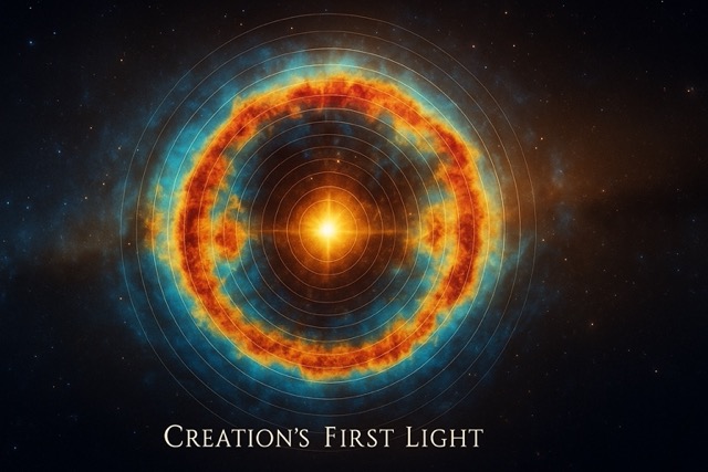 Cinematic digital astrophotograph of the Cosmic Microwave Background with a sacred golden glow, symbolizing the birth of light and time after the Big Bang, connected to the Genesis creation narrative.