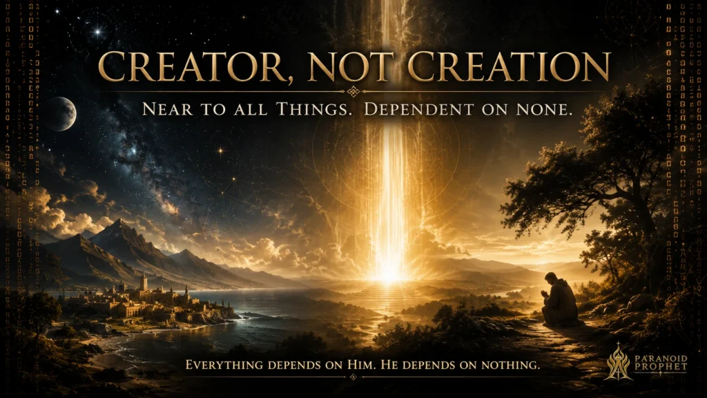 Christian editorial banner showing the created world beneath stars and mountains, a radiant transcendent light, and a praying human figure, explaining that God is Creator rather than creation.