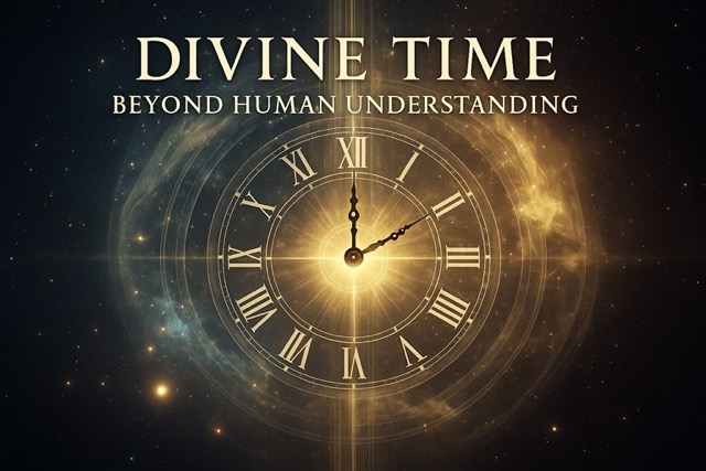 Cinematic digital artwork of a glowing celestial clock superimposed on a cosmic background, symbolizing divine time perception in Genesis creation, with sacred light beams and flowing galaxies.