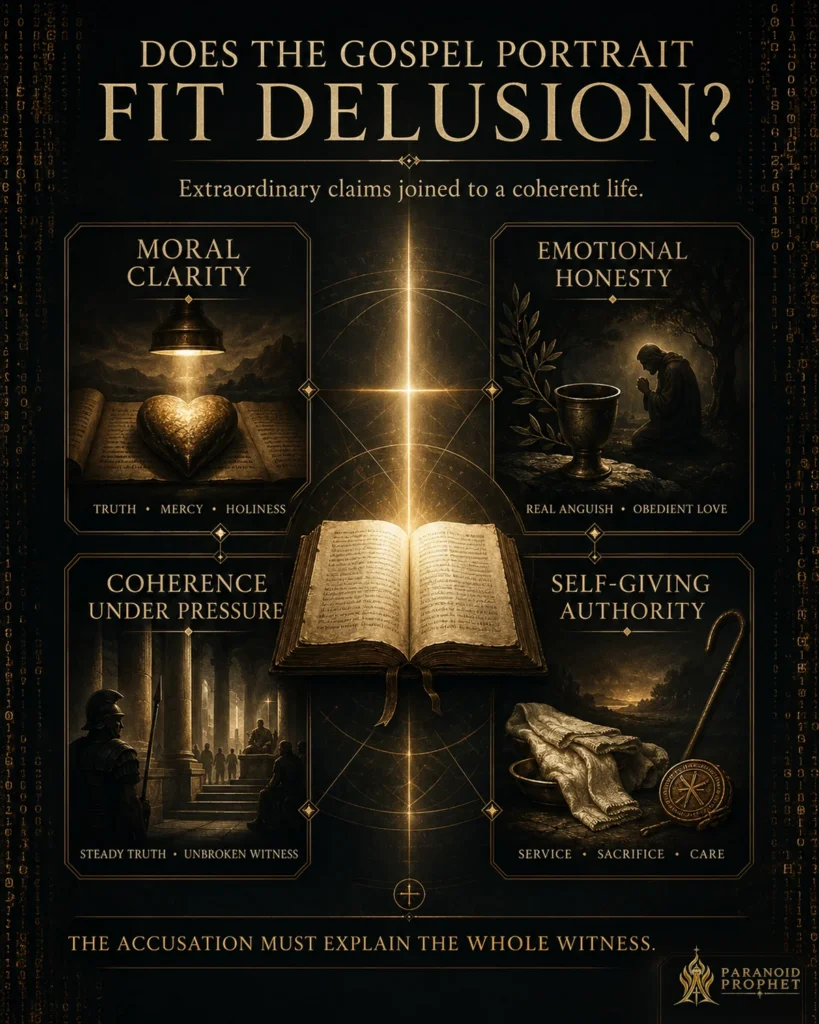 Infographic asking whether the Gospel portrait fits delusion, showing moral clarity, emotional honesty, coherence under pressure, and self-giving authority around an illuminated open Bible.