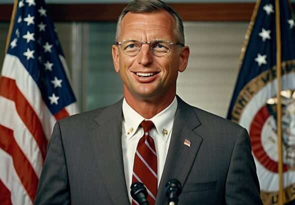 "Doug Collins addressing veterans during a press conference, discussing plans for the Department of Veterans Affairs."