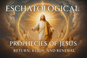 “Jesus Christ returning in glory with angels and divine light, fulfilling eschatological prophecies of His return, reign, and renewal – with title text overlay”