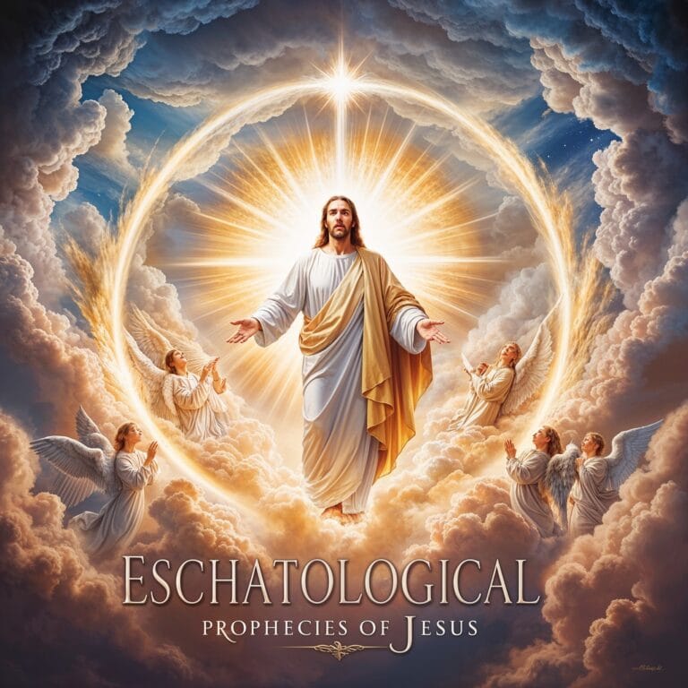 A radiant and majestic depiction of Jesus Christ’s second coming, surrounded by angelic figures and divine light, with the title "Eschatological Prophecies of Jesus" prominently displayed.