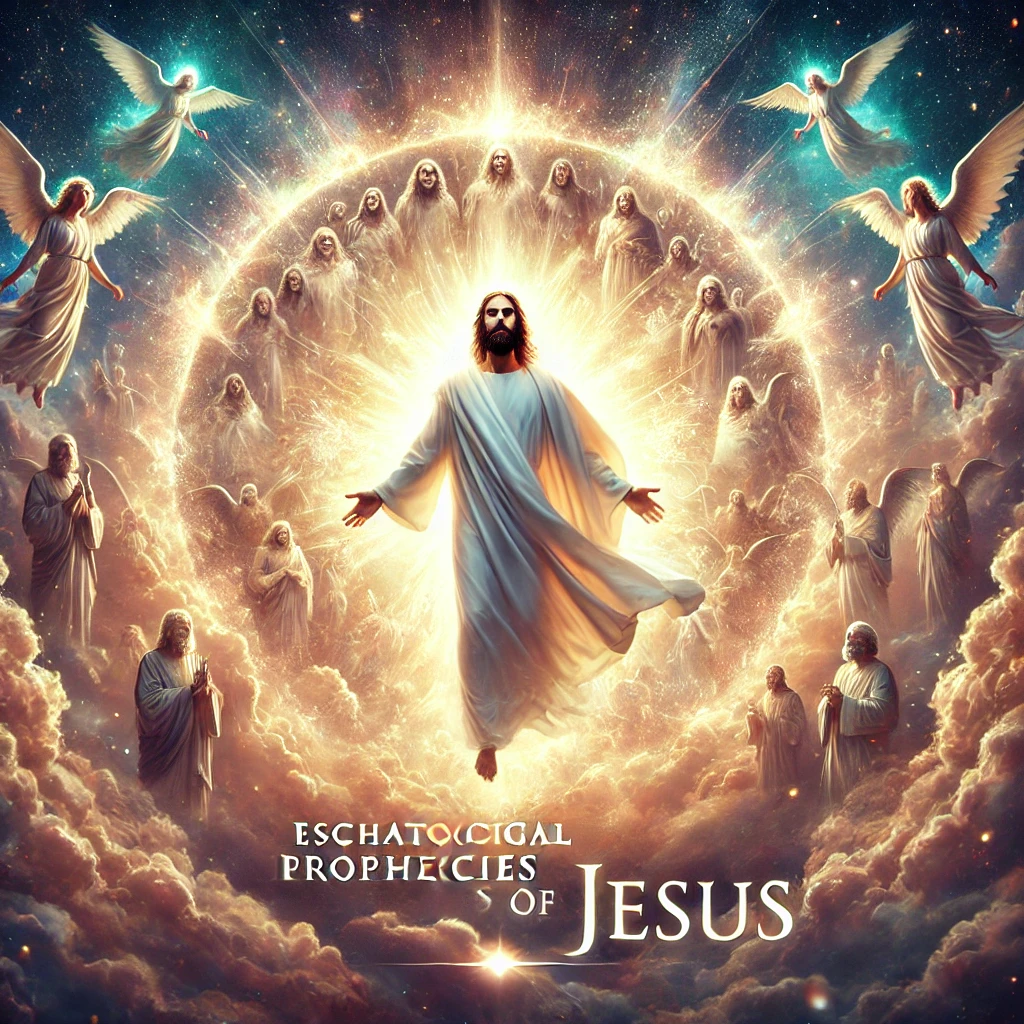 A visually striking depiction of the eschatological prophecies of Jesus. The scene includes a heavenly setting with Jesus depicted in radiant glory, divine light, and a host of angels.