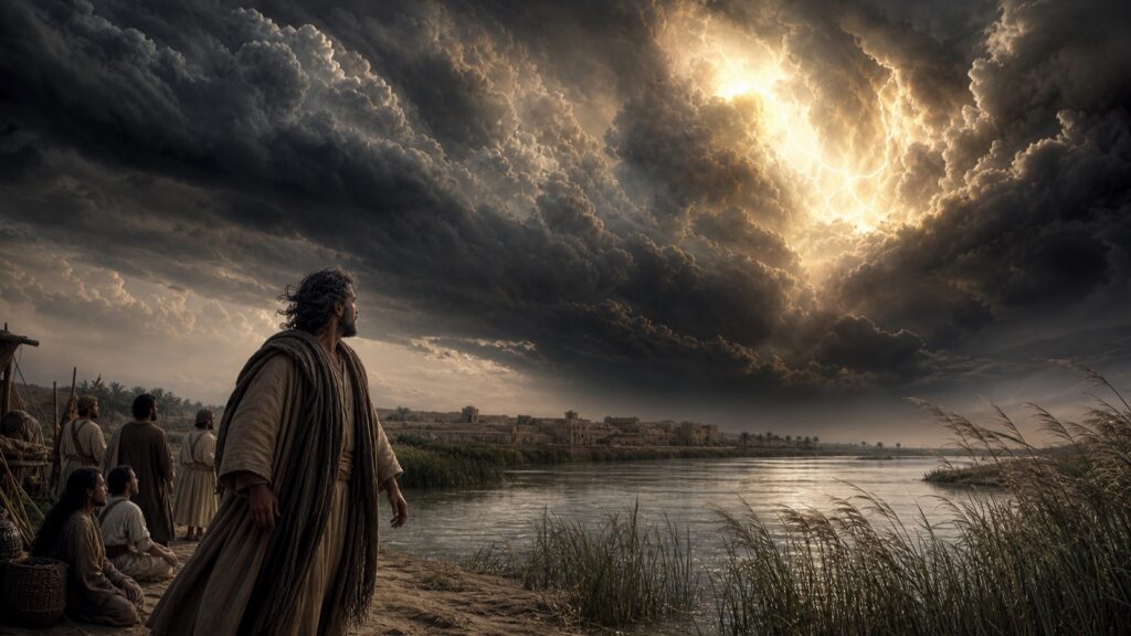 Ezekiel and the Judean exiles beside the Kebar River as a storm filled with fire and brilliant light approaches from the north