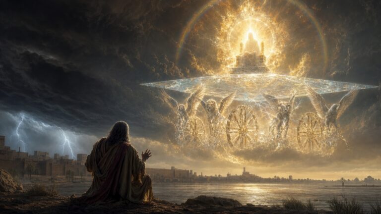 Ezekiel beside the Kebar River witnessing God’s radiant throne above the cherubim and wheels