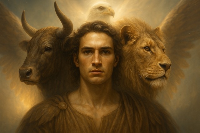 Close-up of a cherubim with human, lion, and ox faces blended in one head, from Ezekiel’s Wheel vision