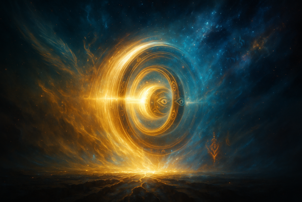 Cinematic rendering of Ezekiel’s Wheel transitioning between spiritual and physical realms in a dimensional rift