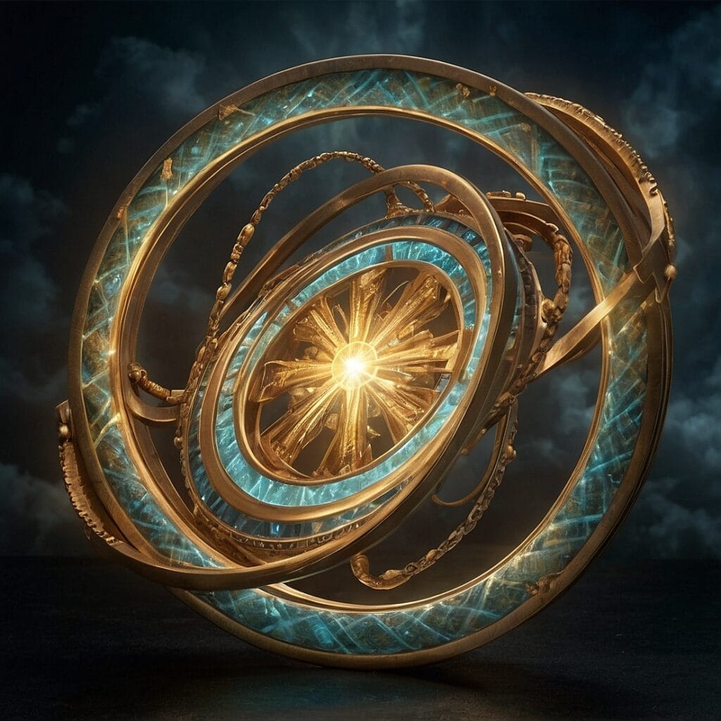 Ezekiel's Wheel reimagined with intricate glowing elements, reflecting divine travel and UAP theories.