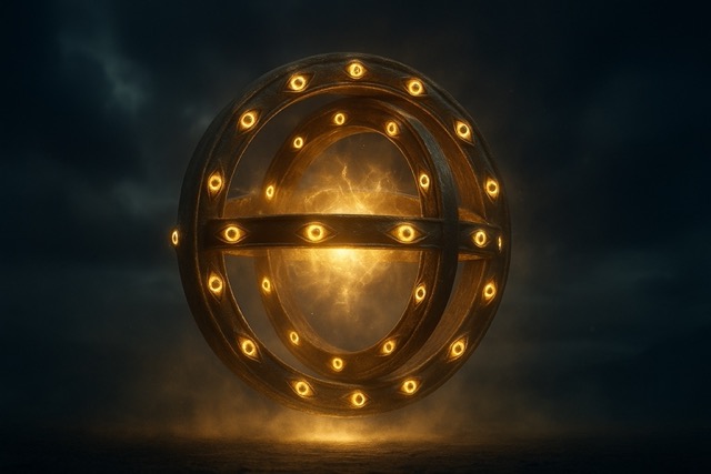 Hyper-realistic rendering of Ezekiel’s Wheel with intersecting topaz rings, radiant energy, and glowing sacred eyes