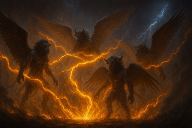 Four cherubim with glowing fire and lightning moving among them, from Ezekiel’s Wheel vision