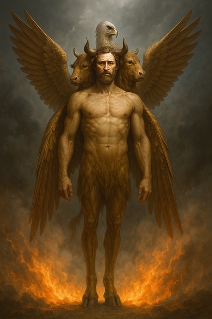 Biblical living creature with human form, four faces, and massive wings as described in Ezekiel’s Wheel vision