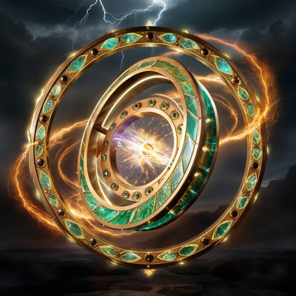 Ezekiel's Wheel depicted with glowing light and stormy surroundings, symbolizing UAP-related interpretations.