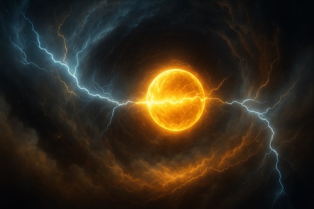 Glowing orb of divine light traveling through a tunnel of lightning and sacred mist, inspired by Ezekiel’s Wheel vision