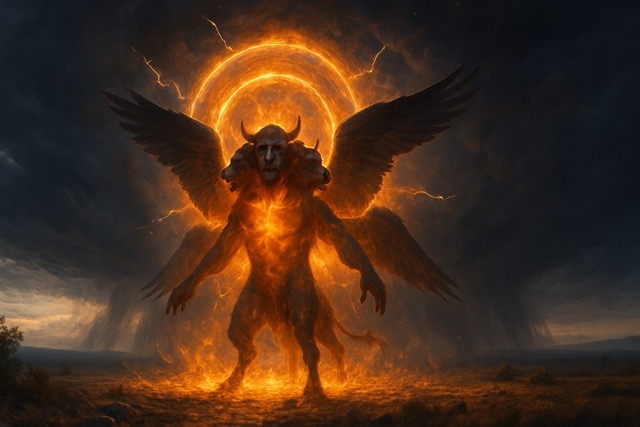 Angelic being with four faces and glowing wings, as seen in Ezekiel’s Wheel vision