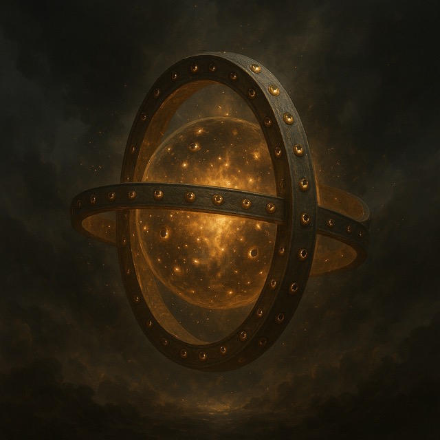 Hyper-realistic orb-shaped wheel from Ezekiel’s vision with intersecting rings, glowing eyes, and center structure