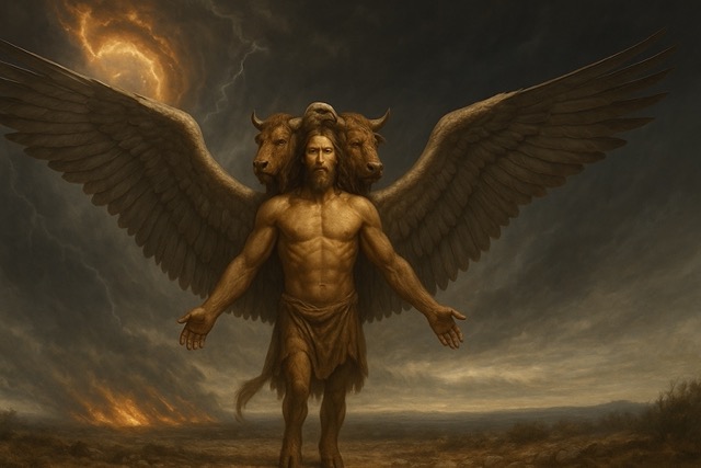 Four-faced living creature with human body, massive wings, and bronze legs from Ezekiel’s Wheel vision