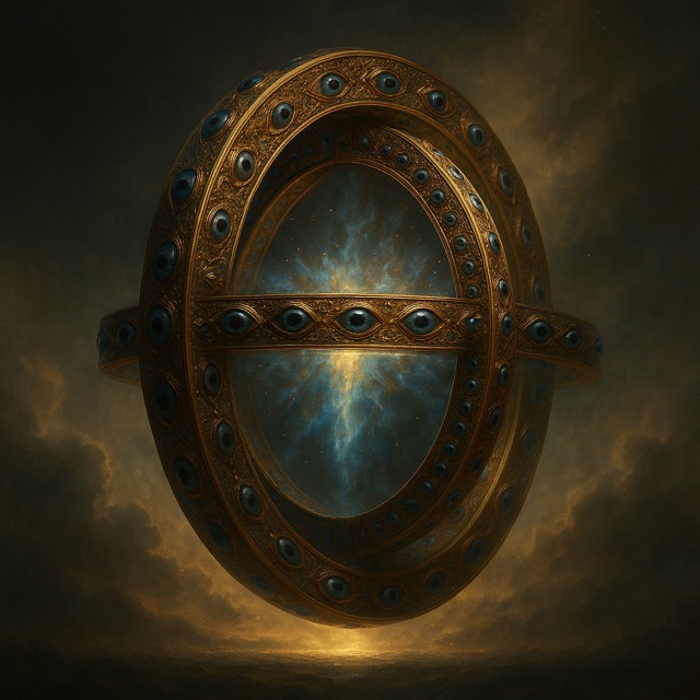 Hyper-realistic close-up of a single divine orb-like wheel with intersecting rings, glowing eyes, and radiant energy from Ezekiel’s Wheel vision