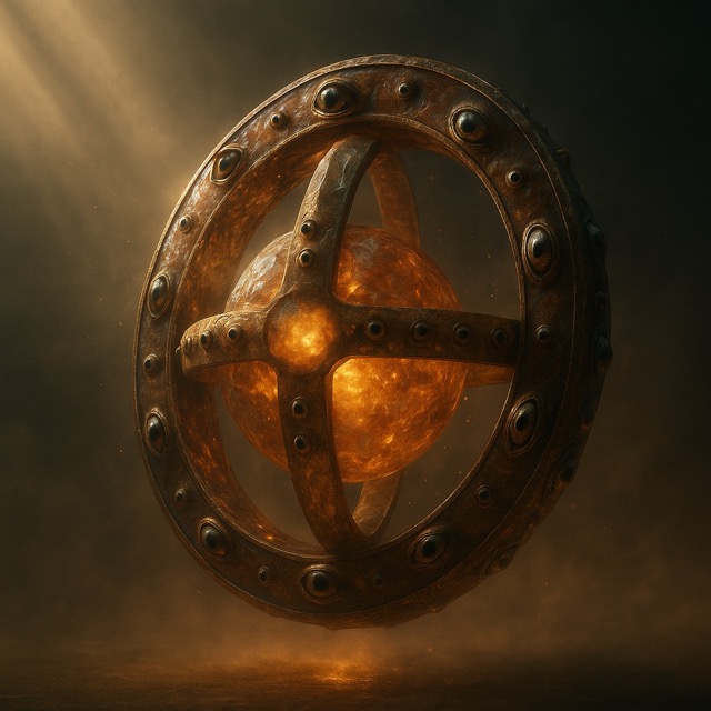 Realistic depiction of a divine orb wheel from Ezekiel’s vision, glowing with sacred light and intersecting rings