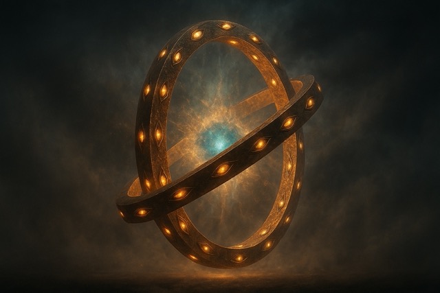 Sacred photoreal image of Ezekiel’s Wheel with two intersecting glowing rings and radiant eyes