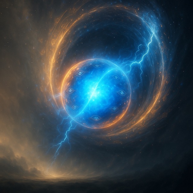 A glowing divine orb with sacred light travels through a celestial wormhole surrounded by lightning and radiant energy