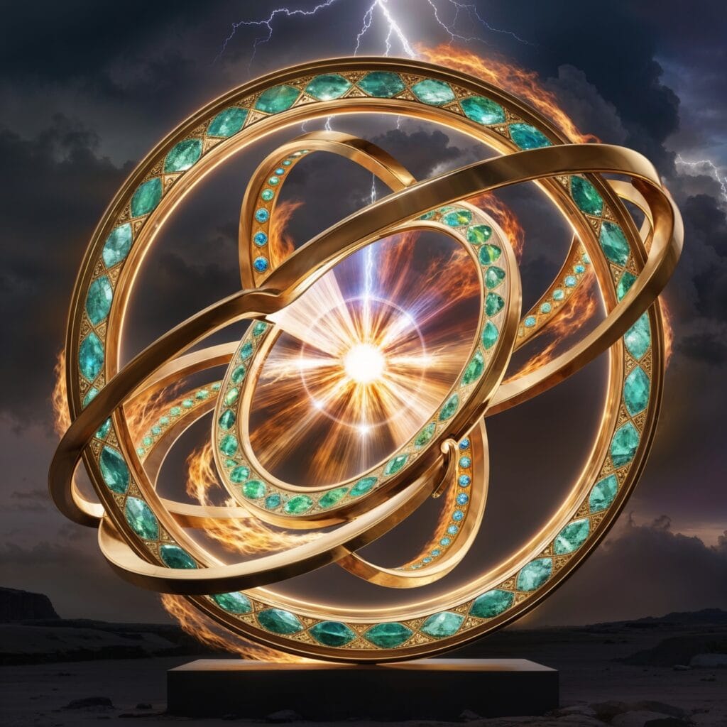 Ezekiel's Wheel glowing with celestial energy, highlighting connections to UAP theories and divine mechanisms.