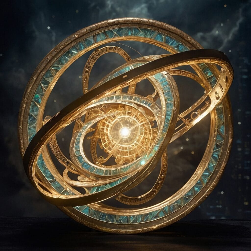 A golden depiction of Ezekiel's Wheel with glowing rings, showcasing intricate celestial designs and UAP connections.