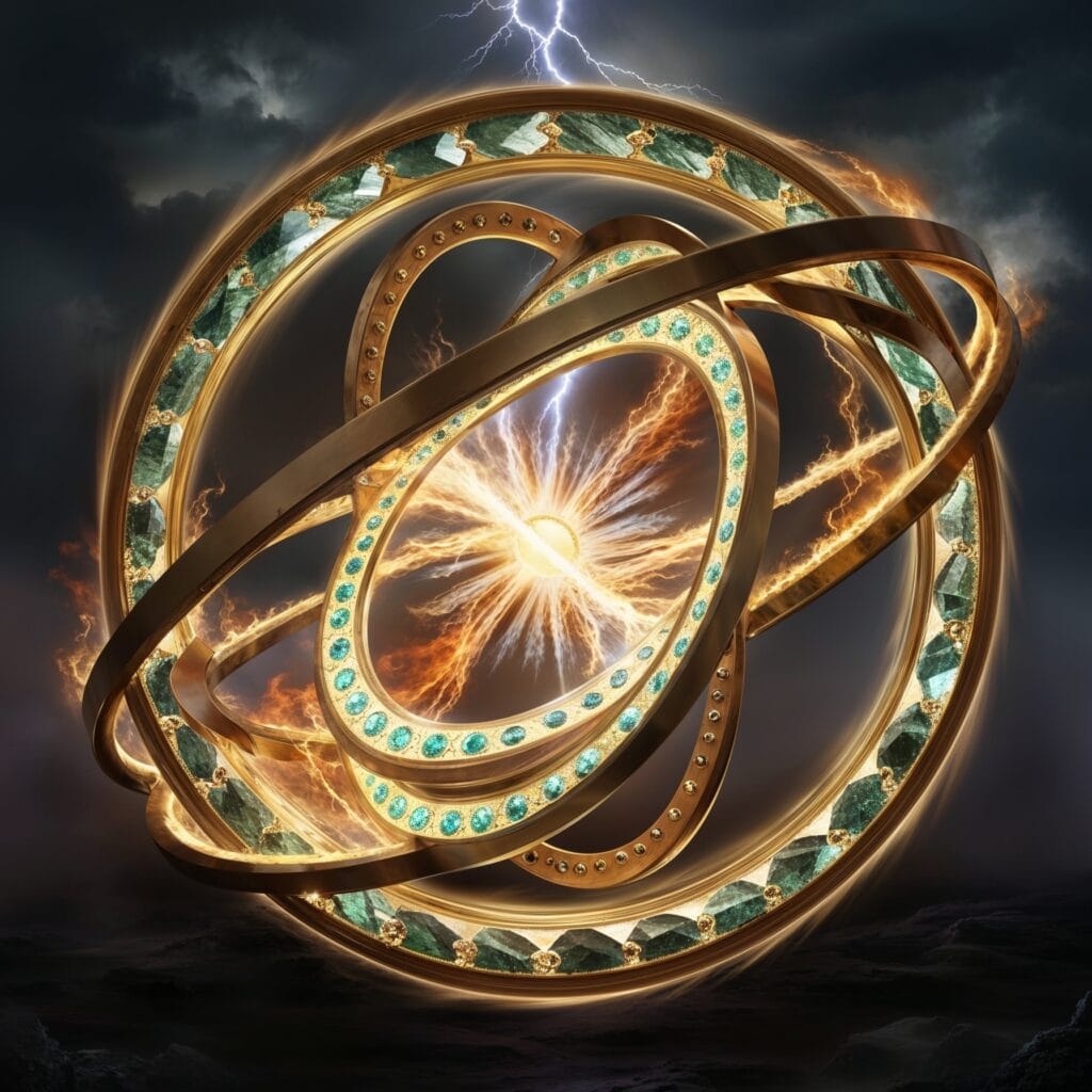 Ezekiel's Wheel radiating dynamic energy with glowing rings and stormy skies, representing UAP connections.