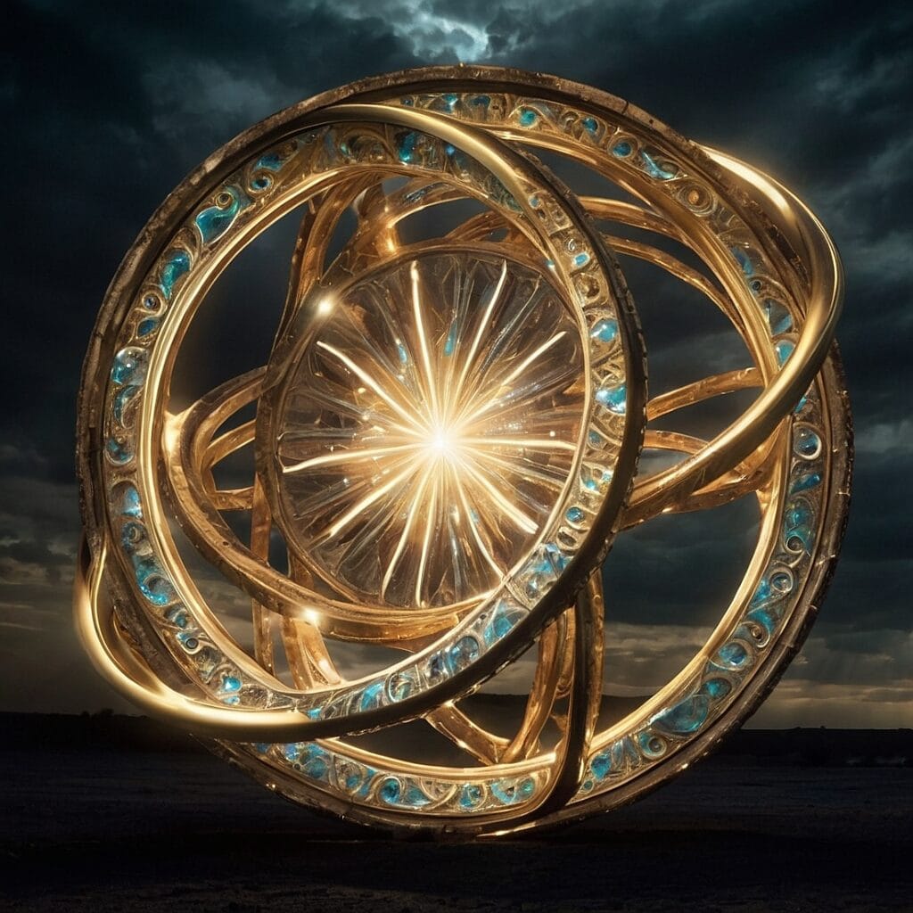 A multidimensional Ezekiel's Wheel with glowing accents, emphasizing its UAP connections and divine symbolism.