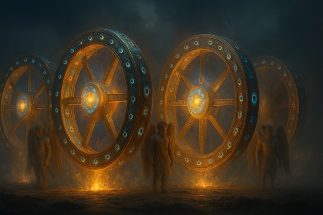 Four glowing wheels beside angelic beings, sparkling with eyes, from Ezekiel’s Wheel vision