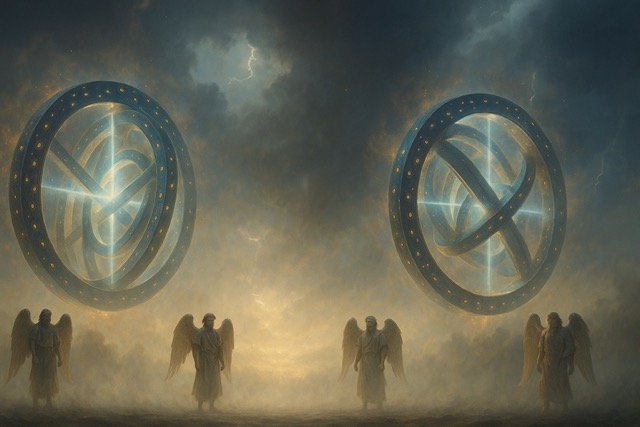 Wide cinematic view of four orb-like intersecting wheels with glowing eyes beside living creatures from Ezekiel’s Wheel vision