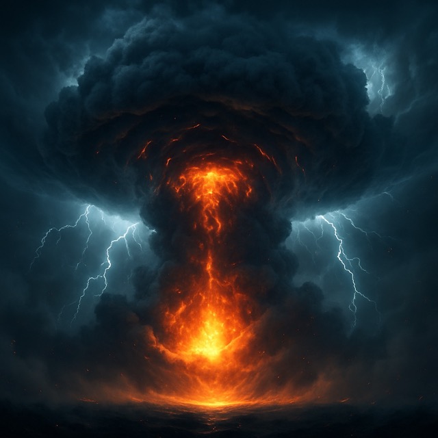 Apocalyptic windstorm with lightning, immense cloud, and glowing center from Ezekiel’s Wheel vision