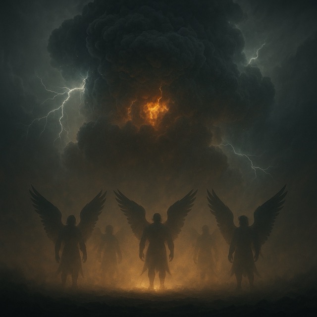 Windstorm with four angelic silhouettes emerging, from Ezekiel’s Wheel vision