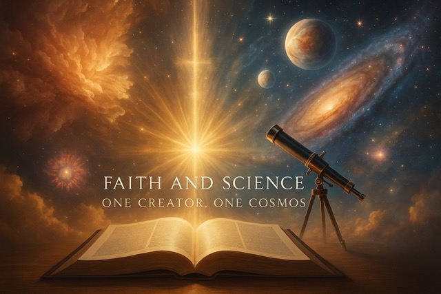 Cinematic digital painting showing an open Bible and telescope under a cosmic sky, with sacred golden light connecting Scripture and the universe, symbolizing the unity of faith and science.
