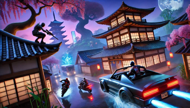 Fortnite Season 6 Shogun's Solitude at dusk, showing two players in an intense standoff with new movement mechanics.