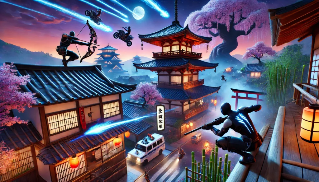 Fortnite Season 6 vehicles in action – Rogue Bike and Void Burn car speeding through Shogun’s Solitude.