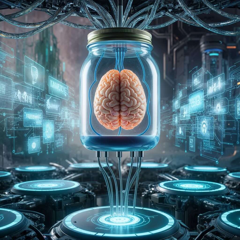 A glowing jar containing a monkey brain connected to advanced AI platforms via Neuralink cables, symbolizing AI using AI to improve content creation and collaboration.