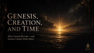 Dark ocean and distant mountains beneath first light and a star-filled sky, illustrating Genesis creation and time as God brings order to the created world.