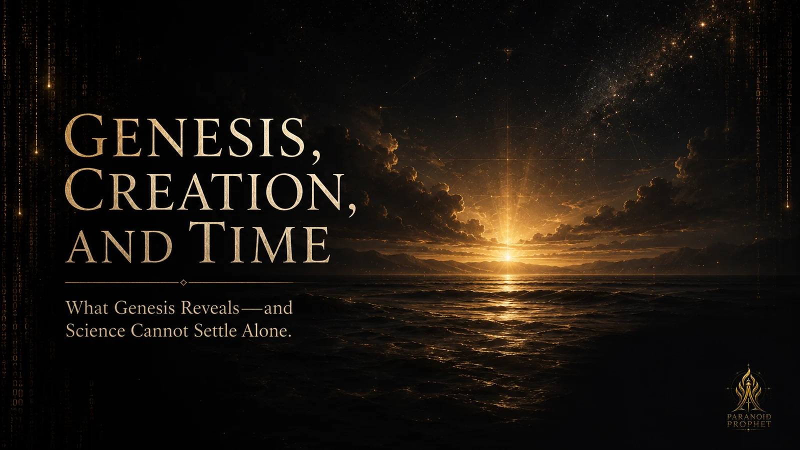 Dark ocean and distant mountains beneath first light and a star-filled sky, illustrating Genesis creation and time as God brings order to the created world.