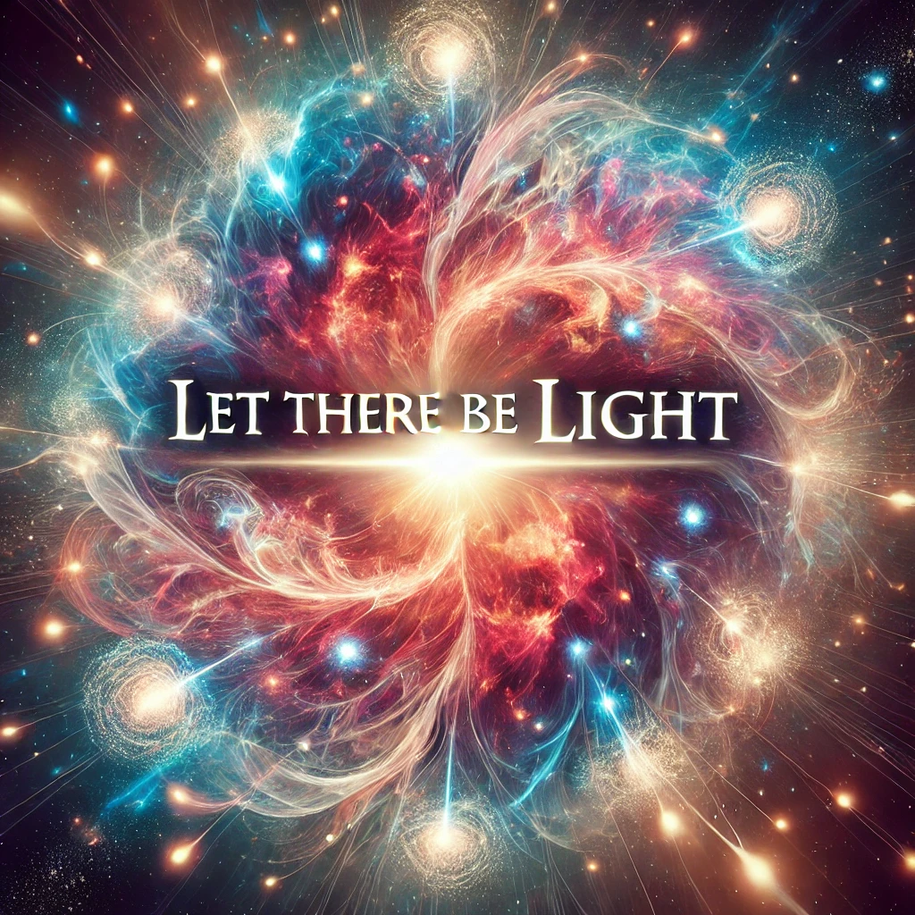 "Artistic representation of the Big Bang with the phrase 'Let there be light,' illustrating the connection between Genesis creation and time perception."