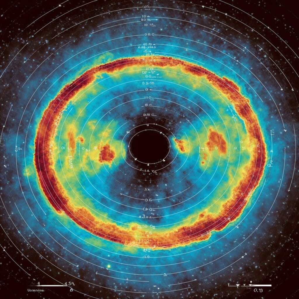 "Colorful visualization of the Cosmic Microwave Background radiation. Depicts an oval-shaped thermal map with blues, greens, reds, and oranges representing temperature fluctuations, highlighting the CMB's role as a snapshot of the early universe in connection with Genesis creation and time perception."

