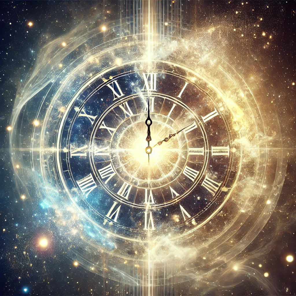 "Abstract artwork depicting a cosmic clock dissolving into stars with radiant light beams, symbolizing divine time and timelessness, connected to Genesis creation and time perception."

