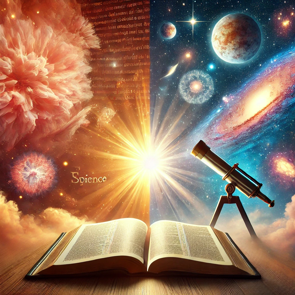 "Split-screen collage showing an open Bible under warm lighting on the left and a telescope pointed at a cosmic scene of stars and galaxies on the right. A radiant burst of light blends the two sides, symbolizing the harmony of faith and science in Genesis creation and time perception."

