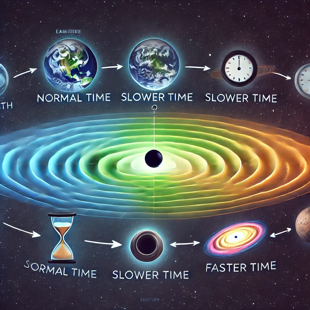 "Simplified diagram illustrating Einstein’s theory of relativity and time dilation. Features Earth with normal time, a black hole with slower time, and a galaxy with faster time, connecting to Genesis creation and time perception."